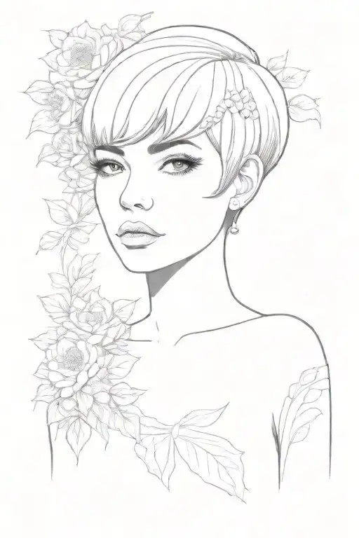 goddess of skills learned by necessity, enchanting eyes, wide hips, dressed skimpy but royal & classy short hair front f tattoo design idea