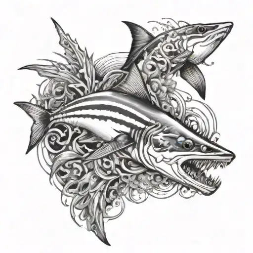 Mako shark, lion fish and sea horse tattoo design idea