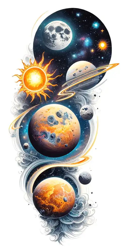 Space, galaxies, planet, moon, asteroid, sun, stars, halo tattoo design idea