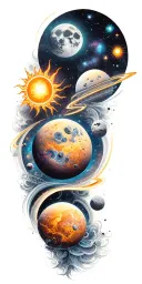 Space, galaxies, planet, moon, asteroid, sun, stars, halo tattoo design idea