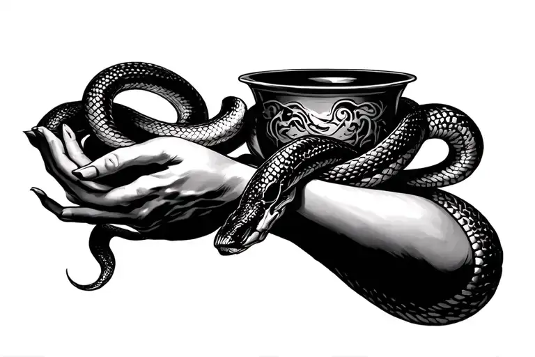 cup of hygieia with snake wrapping around arm tattoo design idea
