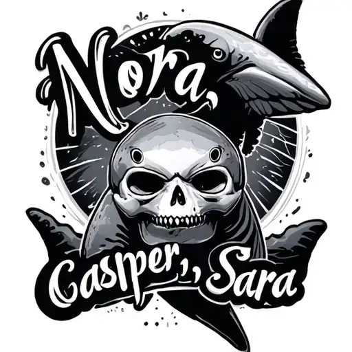 "Nora. Casper. Sara" puffin bird. white shark. scull. tattoo design idea