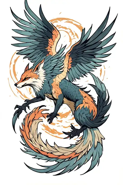 nine tailed fox connecting to a pheonix rising tattoo design idea