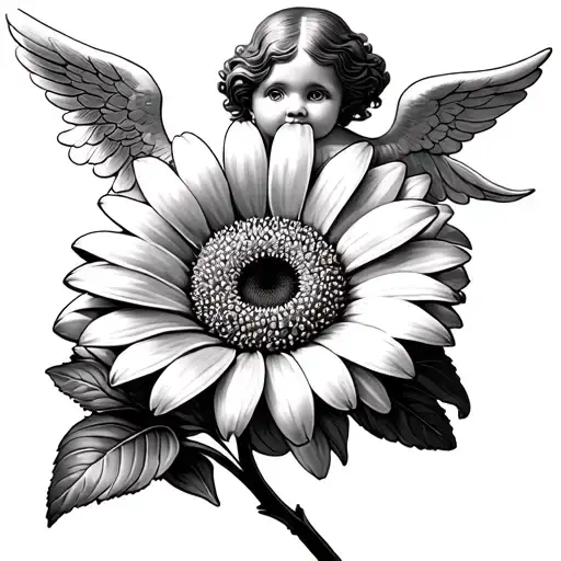 orange gerber daisy with cherub January 6, 1998 tattoo design idea