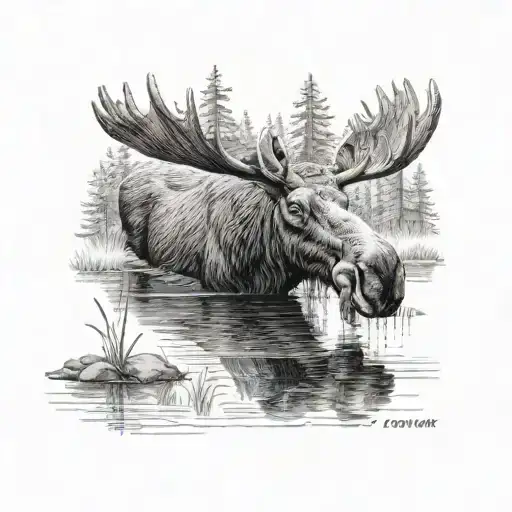 a moose drinking from a pond in the northern wilderness tattoo design idea