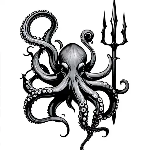 octopus tentacle wrapped around trident intertwined tattoo design idea