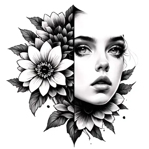 equally split girl face with poision flower tattoo design idea