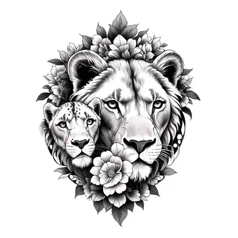 lions female and baby lions head mandala design incorporating and Flowers  tattoo design idea