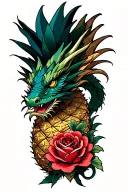 dragon intertwined with pineapple and red rose tattoo design idea