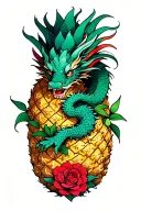 dragon intertwined with pineapple and red rose tattoo design idea