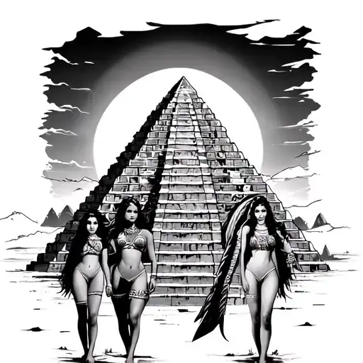 aztec pyramid with girls and sun setting tattoo design idea