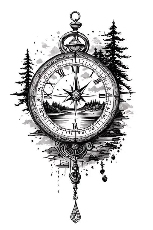 clock, compass and landscape tattoo design idea