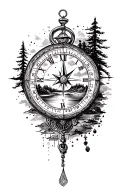 clock, compass and landscape tattoo design idea
