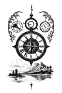 clock, compass and landscape tattoo design idea