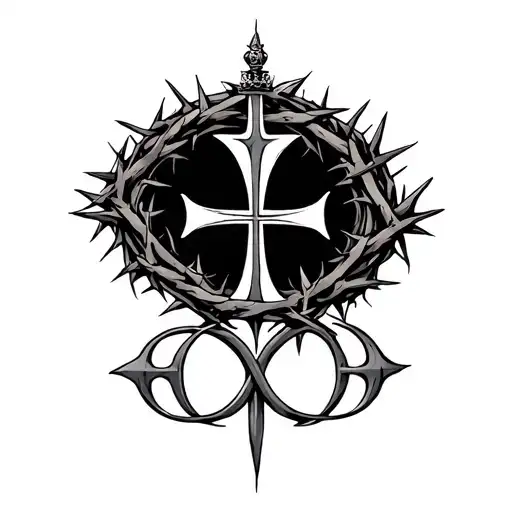 chi rho alpha and omega with a crown of thorns. rustic metal design tattoo design idea