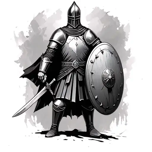 CREATE ME A PICTURE OF A TEMPLAR SOLDIER HOLDING AN OVAL SHIELD IN THE RIGHT HAND AND A SWORD IN THE LEFT HAND FACED DOW tattoo design idea
