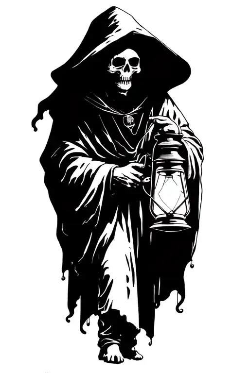 The hermit tarot walking sideways in darkness holding a lantern thats emitting light. Skull face cloaked in hood tattoo design idea