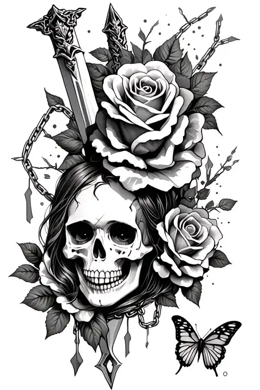 Skull, roses, face girl, broken chains, plains, butterfly,broken sword tattoo design idea