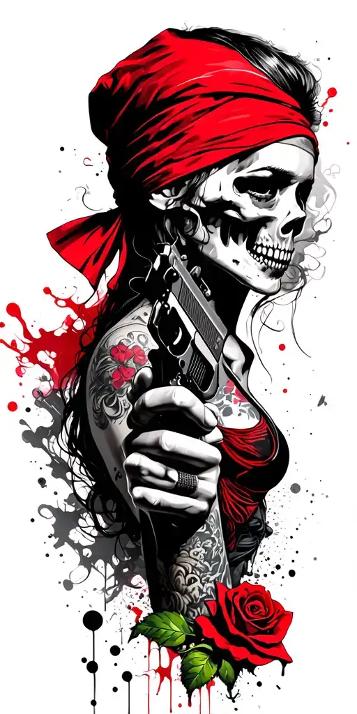 gangster girl with bandana over her face holding gun, smoke, a rose, skulls, tattoo design idea