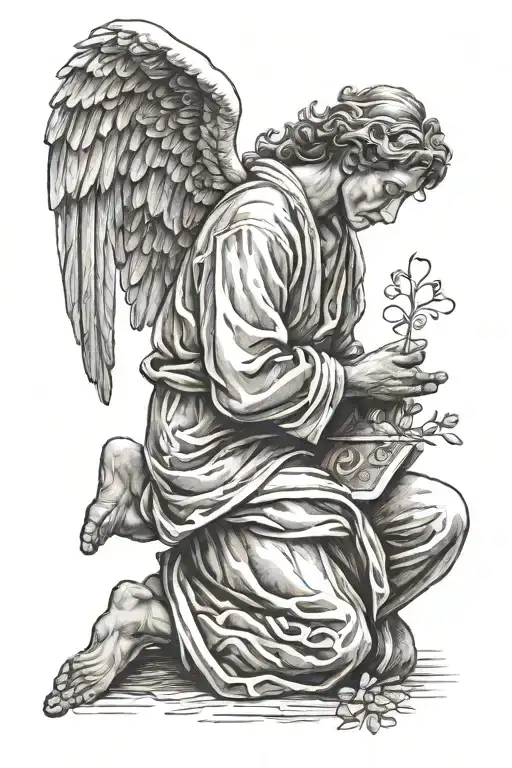 angel praying with wording in gods hands to the side tattoo design idea