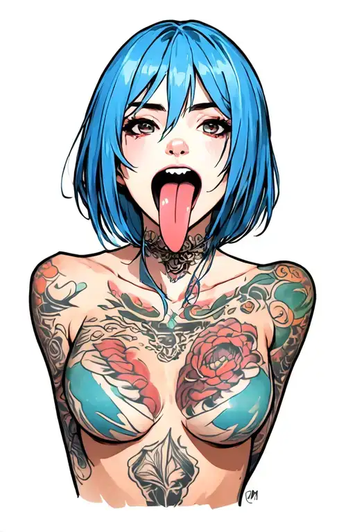 Clean, hentail, nude, bdsm, stick out tongue, nymphomaniac face, young, sexy front suggestive position, blue hair tattoo design idea
