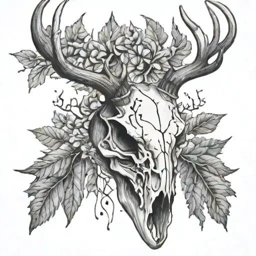 half whitetail deer skull, leaves and oak trees tattoo design idea