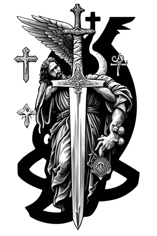 Christian full sleeve tattoo with the St Michael with a sword in the center multiple Christian symbols surrounded it tattoo design idea