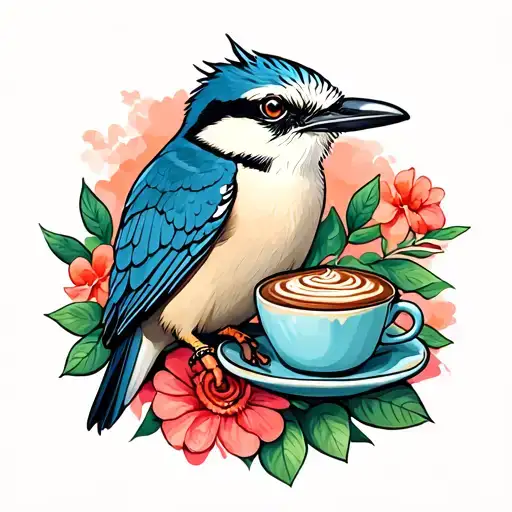 Kookaburra with a coffee cup and cake tattoo design idea