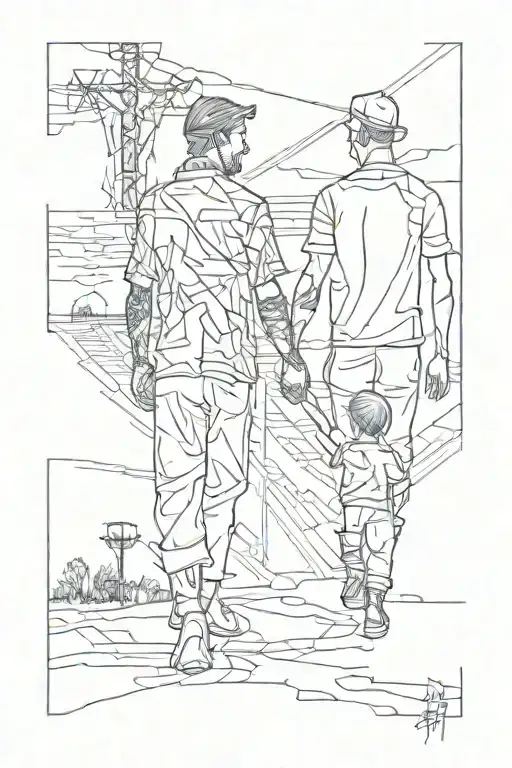 tattoo sleeve on the whole arm, silhouette of a man and his son standing holding hands at a crossroads, and choosing a p tattoo design idea