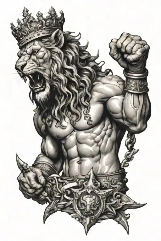 samson fighting lion wearing a crown tattoo design idea