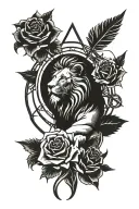 lion roaring, compass, ankh symbol, red rose in the middle tattoo design idea