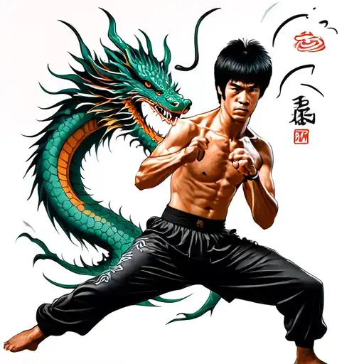 Bruce Lee in fighting stance with scratches and dragon behind him  tattoo design idea