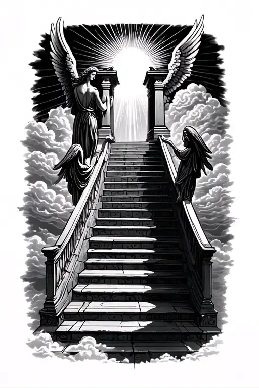 stairway to heaven walking up stairs angels sun rays clouds heaven gate at the top of the stairs  tattoo design idea