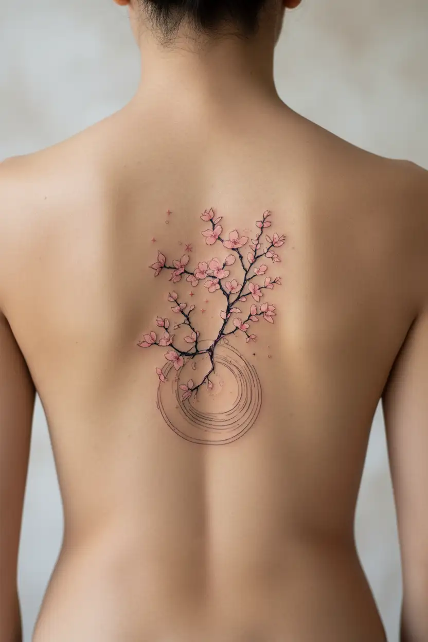 celestial, stars, sparkles, delicate, fine line, cherry blossoms, elegant, Single line Art tattoo design idea
