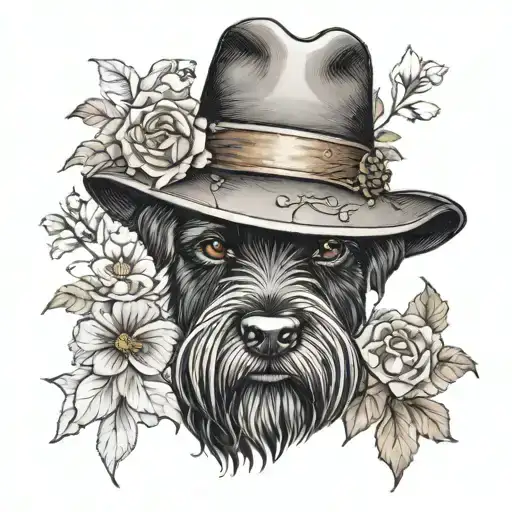 all black schnauzer with cowgirl hat and brown eyes and flowers tattoo design idea
