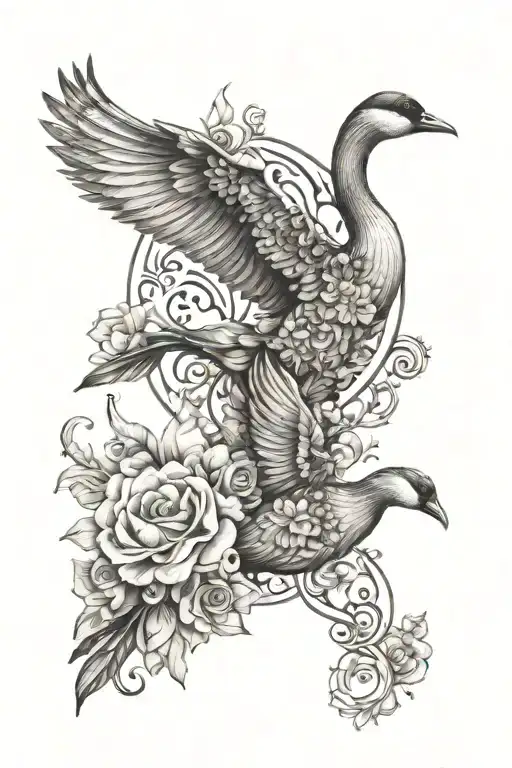hip tattoo with geese made of florals forming the shape as well as other western elements  tattoo design idea