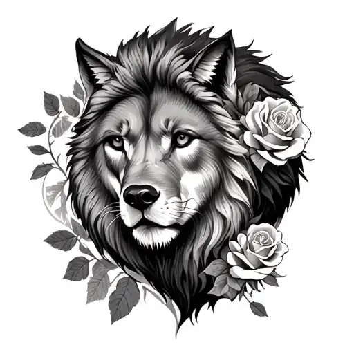 Oberarmsleeve: feminine, roses, lion, wolf tattoo design idea