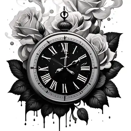 roses clock melting smoke tattoo design idea