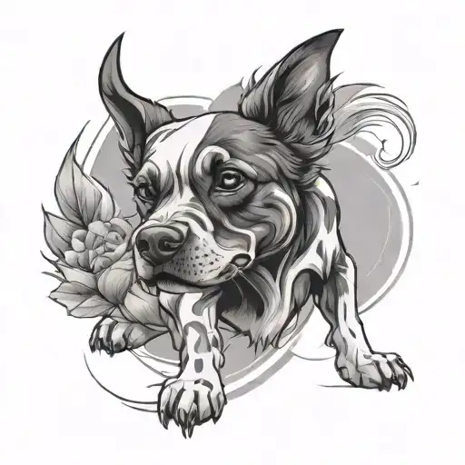 tattoo sketch - a dog,in black and white colors,without a background, in Japanese style tattoo design idea