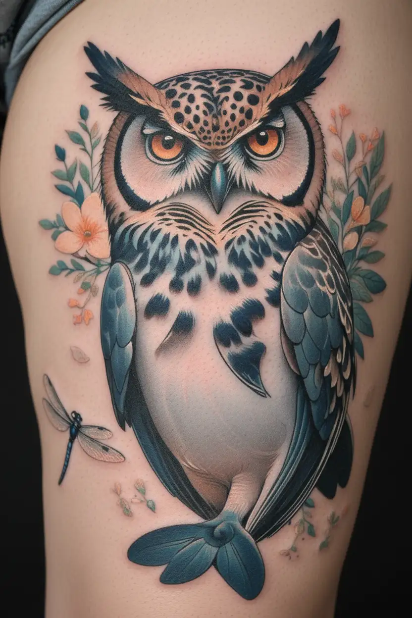 dolphin, owl, snow leopard, dragonfly, tattoo design idea