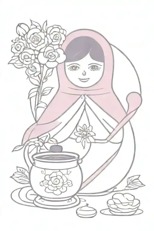Russian nesting doll holding a frying pan and a flower bouquet. wearing a light purple shawl tattoo design idea