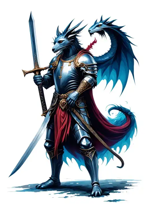 mythical creature and a knight holding a sword tattoo design idea