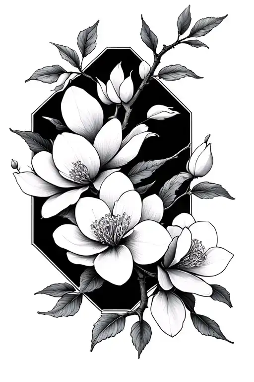 magnolia and cherry blossom branch in fine line tattoo with octagons and travel themes tattoo design idea