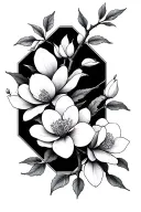 magnolia and cherry blossom branch in fine line tattoo with octagons and travel themes tattoo design idea