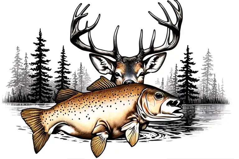 Whitetail deer and Brown trout tattoo design idea