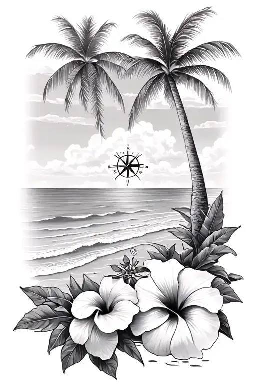 A tropical island scene with palm trees and hibiscus flowers, incorporating a compass rose to symbolize your love for travel and holidays tattoo design idea