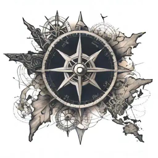 An adventurous tattoo design incorporating sailing and geography, showcasing a compass rose surrounded by nautical elements and world map details tattoo design idea