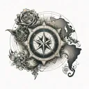 An adventurous tattoo design incorporating sailing and geography, showcasing a compass rose surrounded by nautical elements and world map details tattoo design idea