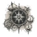 An adventurous tattoo design incorporating sailing and geography, showcasing a compass rose surrounded by nautical elements and world map details tattoo design idea