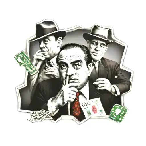 al capone, las vegas sign, cash and roulette tattoo design idea